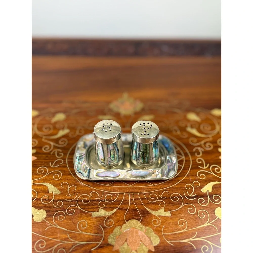 Vintage Mexican Alpaca Silver Abalone Salt & Pepper Shakers with Tray
